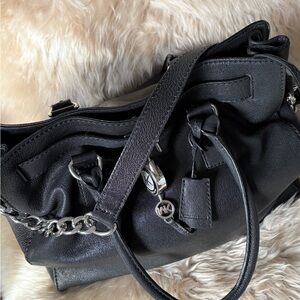 Michael Kors Black Leather Hamilton Shoulder Bag, Silver Accents Lock & Key